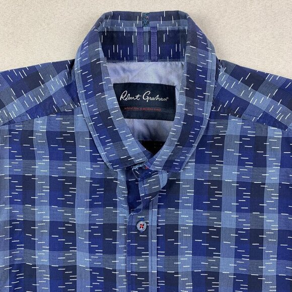 Robert Graham Mens Shirt Large Blue Plaid Button Up Long Sleeve Tailored Stretch - Picture 2 of 7
